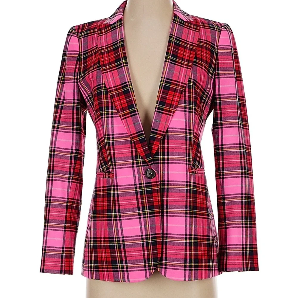J.Crew Parke Blazer in Cherry Red Bubblegum Neon Pink Stewart Tartan Wool 4 EUC - Picture 5 of 7